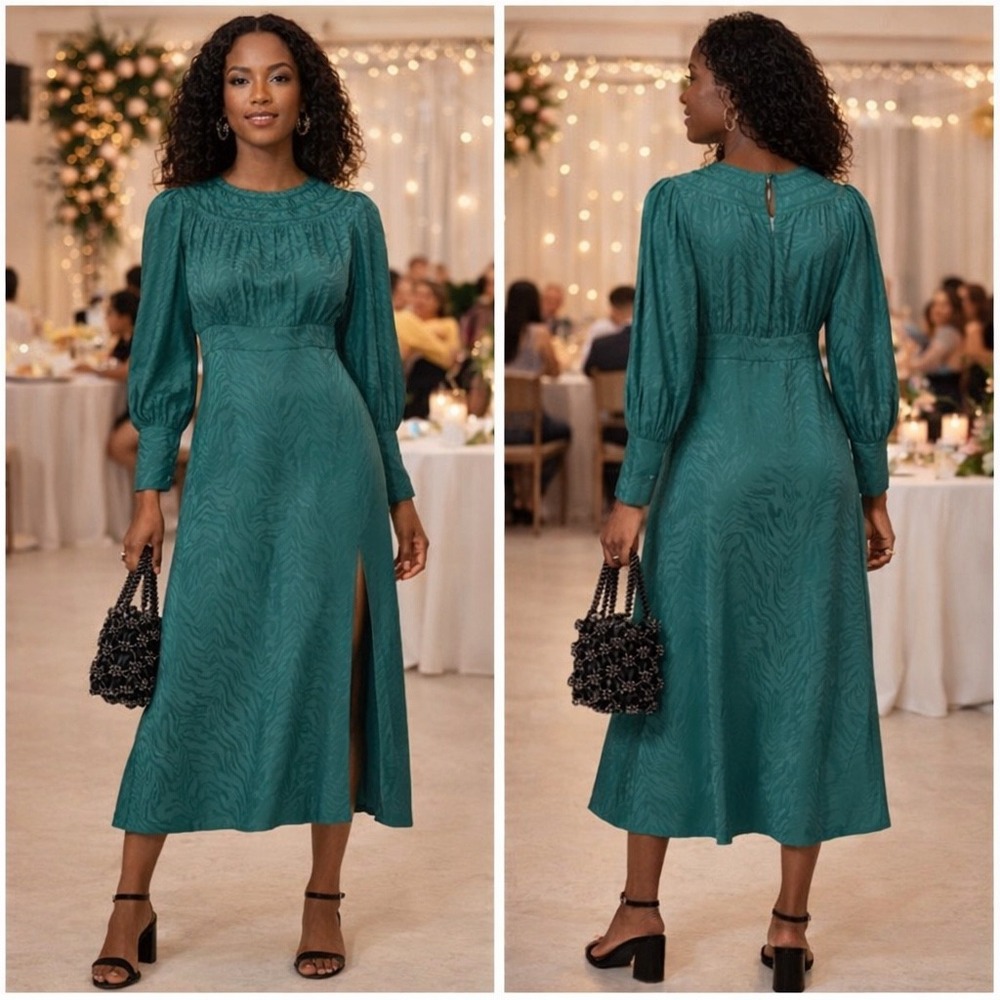 TOPSHOP Green Zebra Jacquard Midi Dress Sze 8 Regencycore Wedding Guest Holiday